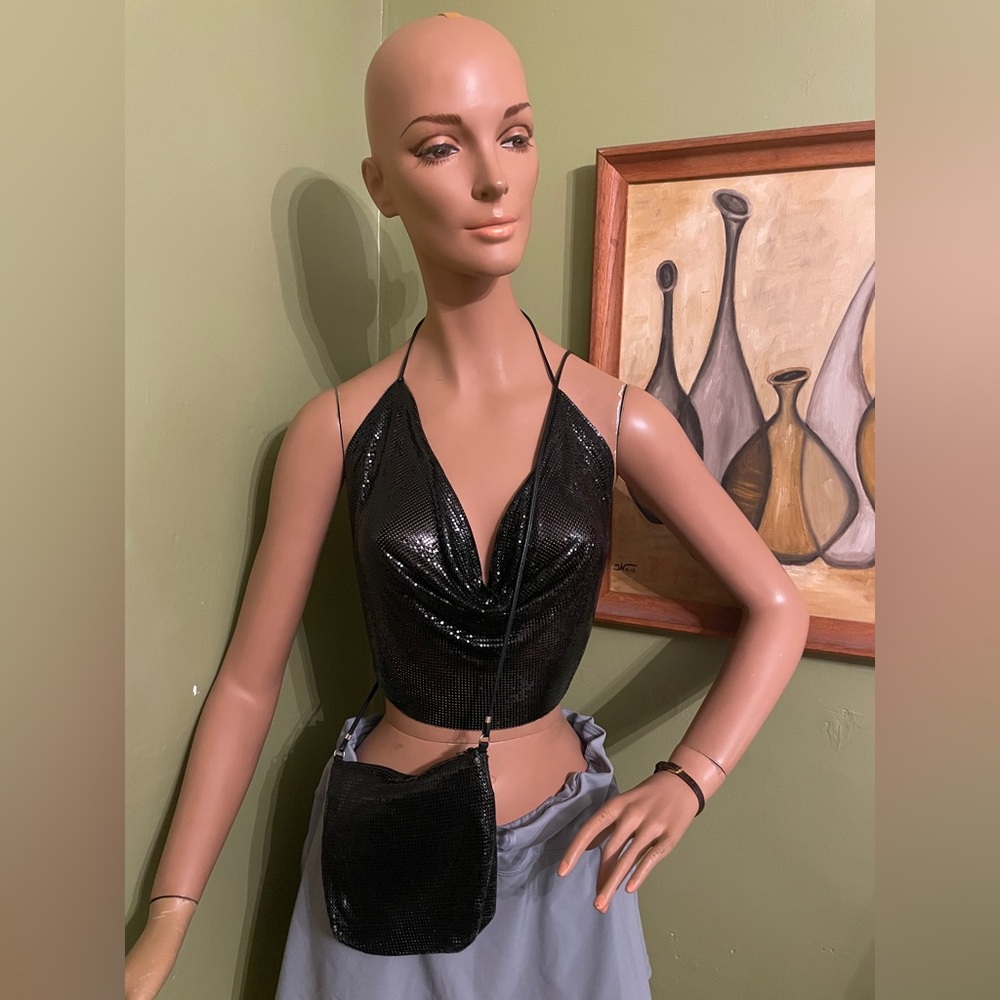 Vintage Whiting & Davis Black Sequin Metal Mesh Halter Top & Matching Purse